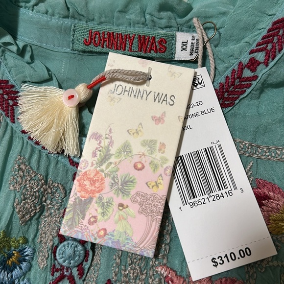 JOHNNY WAS Allbee Embroidered Floral Geometric Print Ruffle Scallop Hem Blouse - Picture 11 of 11